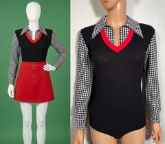 Vintage 1970s Houndstooth Bodysuit Made In USA Size S/M