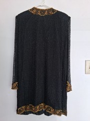 Vintage sz XL black, long formal jacket in black & gold beading. See description