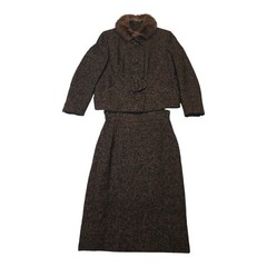 Teed Suit Dark Brown Flecked Wool Jacket With Mink Collar & Pencil Skirt 1960’s