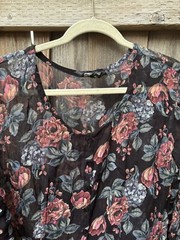 Vintage Nostalgia Dress Black Floral L Long Sleeve Button Ruffled Semi-Sheer