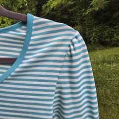 Vintage Currants By Jeri Jo Turquoise White Striped 3/4 Sleeve Top Sz SM 1980s