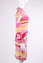 EMILIO PUCCI c.1968 Pink Multicolor Op Art Signature Print Silk Shift Dress