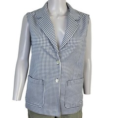 Vintage 70s Vest Jacket Women Medium 8 10 White Blue Top Collar Gingham Retro M