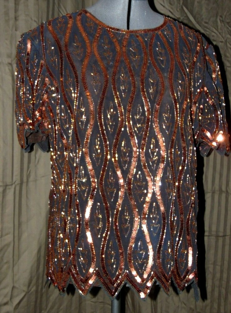 Vintage! SHALIMAR FASHION Copper Beaded Sequined Lined Top ~ Holidays ~ Size M