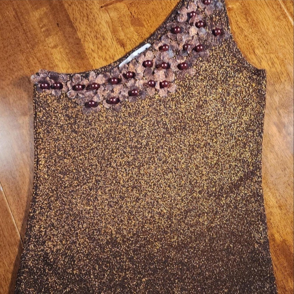 Joseph A Vtg NwT Womens One Shoulder Tank Metallic Knit Beaded Floral Copper L