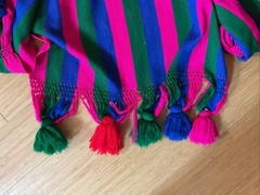 VTG Josefa Boho Caftan Maxi Dress Multicolor Pink Green Blue Pompoms Belt, Small