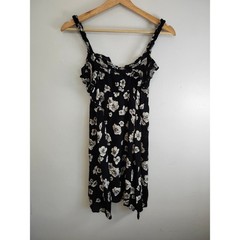 Vintage Angie Black White Floral Rayon Sundress Medium Boho Cottagecore