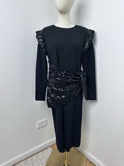 Amazing Vintage 80s Size 10 Black Sequin Cocktail Dress Sash Puffy Long Sleeve