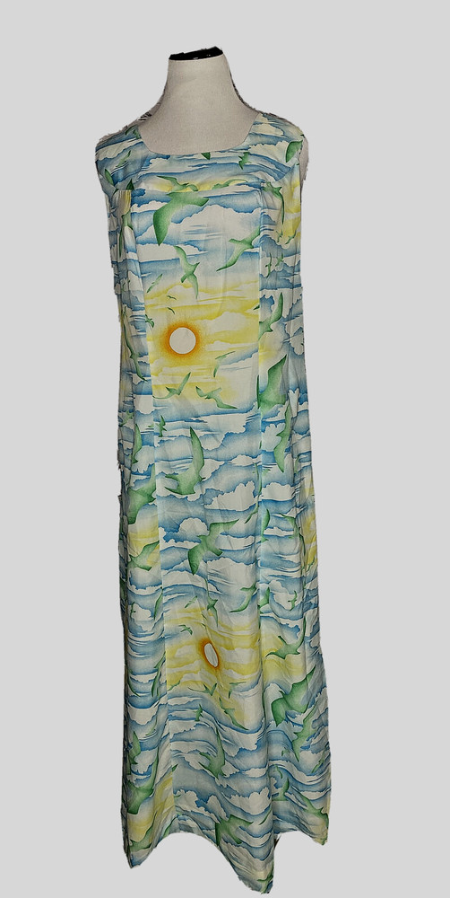 Vtg POMARE Tahiti Hawaii Maxi Dress Sleeveless Sunset Blue Green Yellow sz L