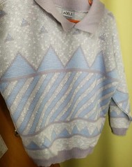 Vintage Adele Collared Knit Sweater Baby Blue Gray Geometric Shapes P2P 23 In