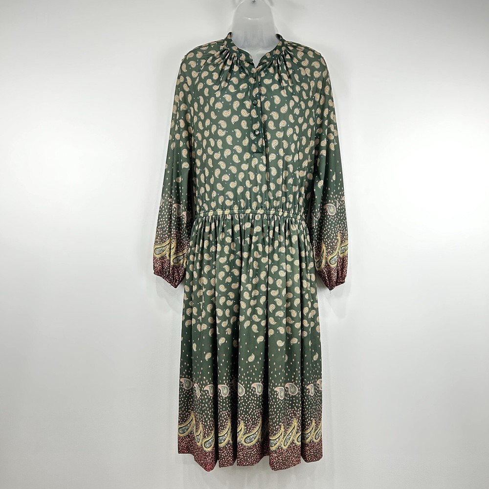 Nancy Greer Dress Womens M Green Paisley VTG 70s Peasant Boho Prairie Hippie