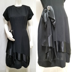 Beautiful Vintage 1940’s Black Crepe & Satin Dress with Rhinestones – Size M