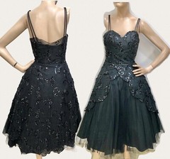 VTG 1950s Harvey Berin SEQUIN-LACE-TULLE SWEETHEART BODICE Cocktail Dress XS