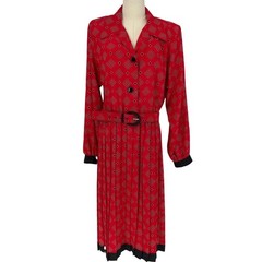 Vintage Leslie Fay Dress Red Black Geometric Pleated Belted Size 14