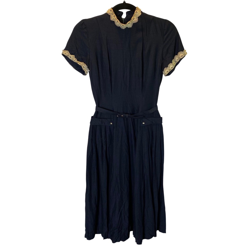 Vintage 1950s Kerrybrooke Dress Size XS Navy Blue Lace Trim Fit Flare Rockabilly