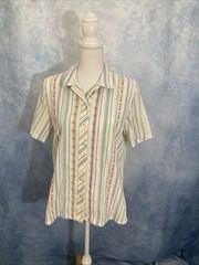 Vintage 1980s Women’s Size Small Koret Button Down Striped Blouse W/ Embroidery
