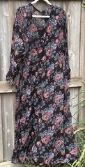 Vintage Nostalgia Dress Black Floral L Long Sleeve Button Ruffled Semi-Sheer