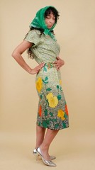50s 60s Chartreuse Green Floral Sequin Cotton Pin Up Dress Pencil Mod B36-37″