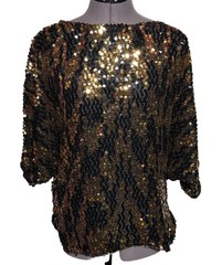 Vintage 1980s Rob Hill for Mister Jay Black Gold Sequin Batwing Blouse Top M