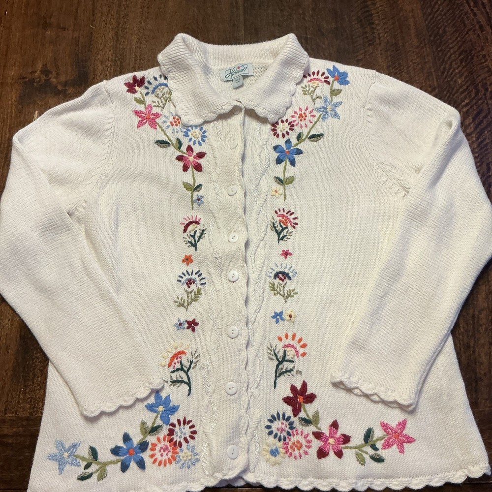 Vintage Haband Cardigan Sweater Large , Embroidered Flowers, 55 Ramie 45 Cotton