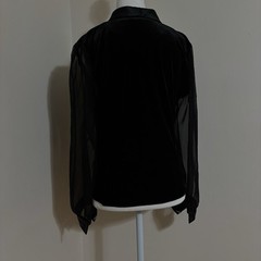 Another Thyme Women’s Black Vintage Velvet Sheer Sleeve Satiny Blouse Goth