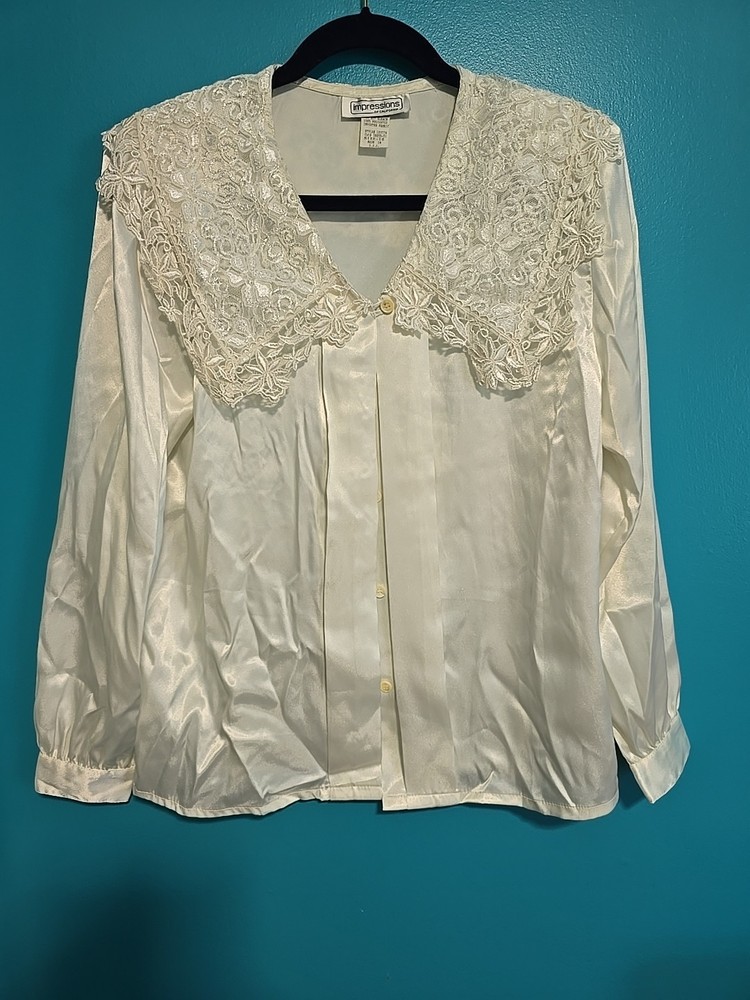 Vtg 80s Sz 10 Impressions Blouse Lace Collar Ivory Satin Romantic Shoulder Pads