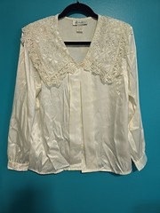 Vtg 80s Sz 10 Impressions Blouse Lace Collar Ivory Satin Romantic Shoulder Pads