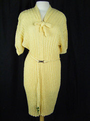 Vtg 60 Lemon Yellow Hand Knitted Acrylic Sheath Dress & Belt-Bust 50/L-XL