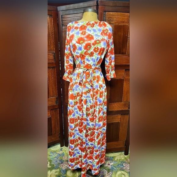 Woman’s Vintage Vassarette Long Sleeve Floral Maxi Dress Red, Purple, and Green