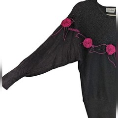 Vintage 80s Cedars Black Sweater Rose Appliqué Angora Silk Blend Size M
