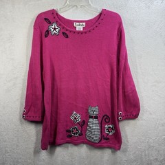 Timberlea Pink Sweater Cat Floral appliqués Women’s XL Vintage 90s Art To Wear