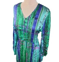Vintage Anne Crimmins UMI 100% Silk Midi Dress Green Blue Bell Sleeve Size 8