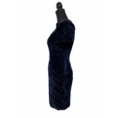 Roberta Vintage Navy Blue Crushed Velvet Off Shoulder Mini Dress Scalloped Neck