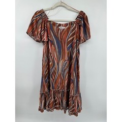 Robbie Bee Cottagecore Boho Coastal Retro Rust Multicolor Wave Print Dress SzL