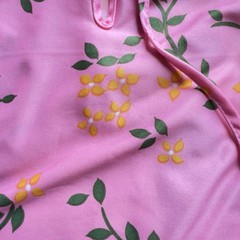 1970s Pink Japanese Fan Floral Housedress Maxi Robe Kaftan Tie Neck Vintage