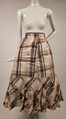 VICTORIAN 1890’S BROWN PLAID PRINT BUSTLE SKIRT W RUFFLED BOTTOM