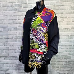Vintage Clover California Blouse M Black Baroque Print 80s 90s Art to Wear Boho