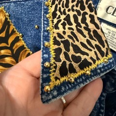 VTG 80s 90s 100% Cotton Denim Shirt Animal Print Patchwork Plus Size 18-20 Gold