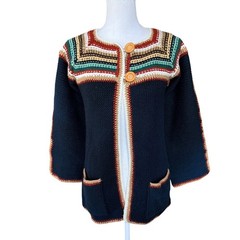 Vintage 70s Chunky Knit Striped Cardigan Navy Boho Geometric Sweater Pockets