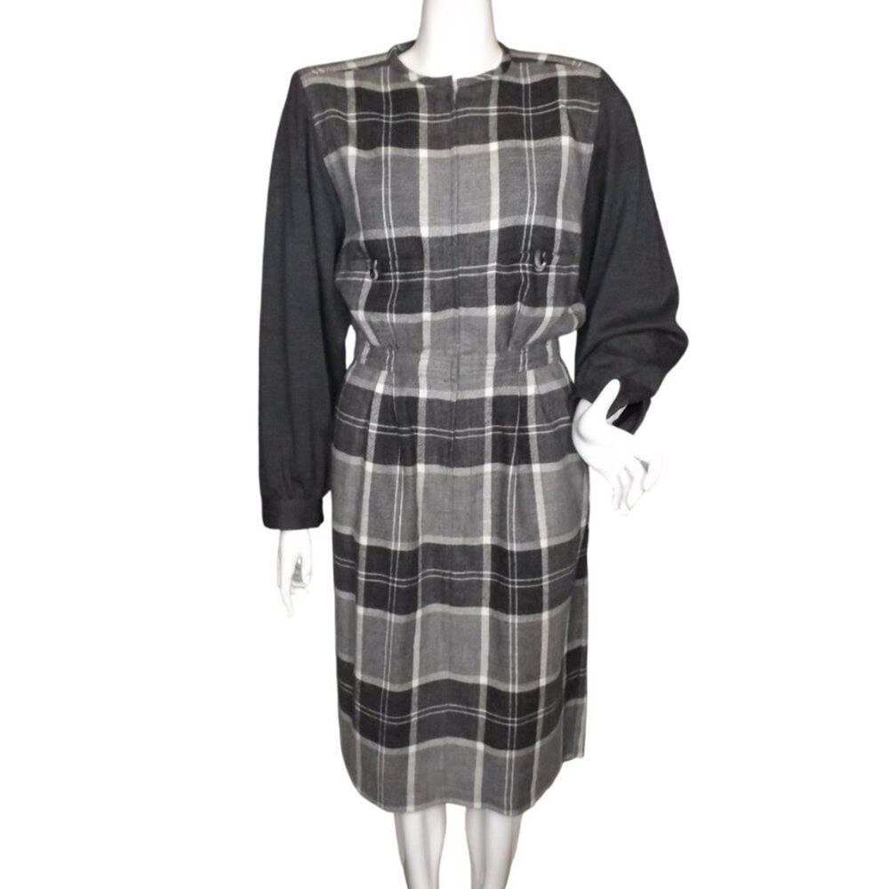 VALENTINO Dress, 42, Grey Plaid, Long sleeve, Zipper Front, VINTAGE, Miss V