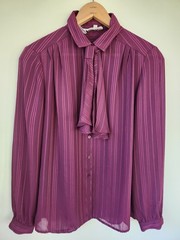 Vtg Retro Tie Neck Blouse Plum Color Grandmacore Button Shirt Sheer Pinstripe