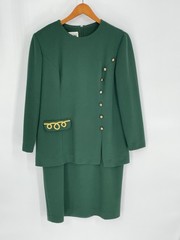 Vtg Leslie Fay Women Size 10P Dress Suit Green Gold Trim Made in USA Jersey Feel