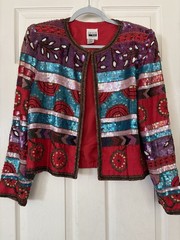 80s Leslie Fay Evenings Jacket / Blouse L Sequins & Beads on Silk Red Blue Multi