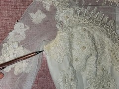 VTG 1970s Beaded Wedding Dress High Neck Illusion Lace Angel Sleeve ILGWU Train