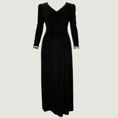 Vintage Black Velvet Maxi Dress Long Sleeve Gold Lace Trim V-Back Gown