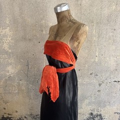 Vintage 1930s Black Silk Satin Dress Orange Silk Velvet Bow Wrap Lace Trim Bias