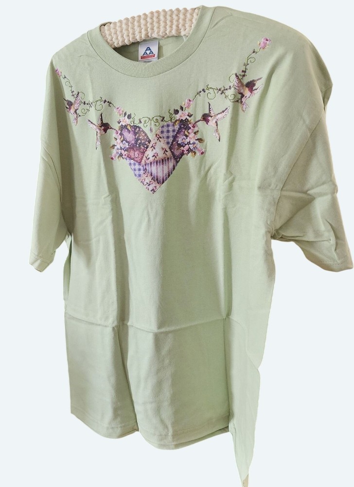 Vtg Avon Patchwork Heart Pre-Shrunk Cottom T-Shirt Mint Green Hummingbird XL