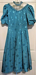 Green Vintage Damask Roses Silk Screen Mock Embroidered Neckline Balloon Sleeves