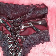 Black Stretch Lace Wet Look Shiny Sissy Brief Panties w Ties sz S iEFiEL