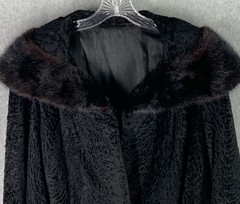 VTG Black Persian Lamb Broadtail Coat Mink Fur Collar Glam Classic S/M Old Money